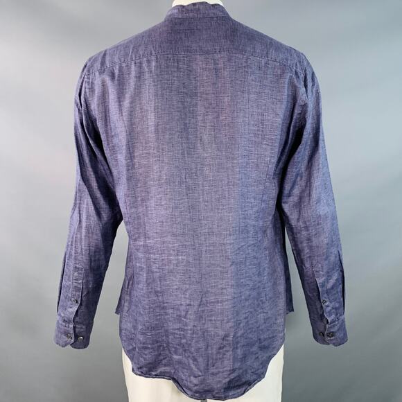 GIORGIO ARMANI L Blue Woven Linen Collarless Double Zipper Long Sleeve Shirt - Picture 3 of 6
